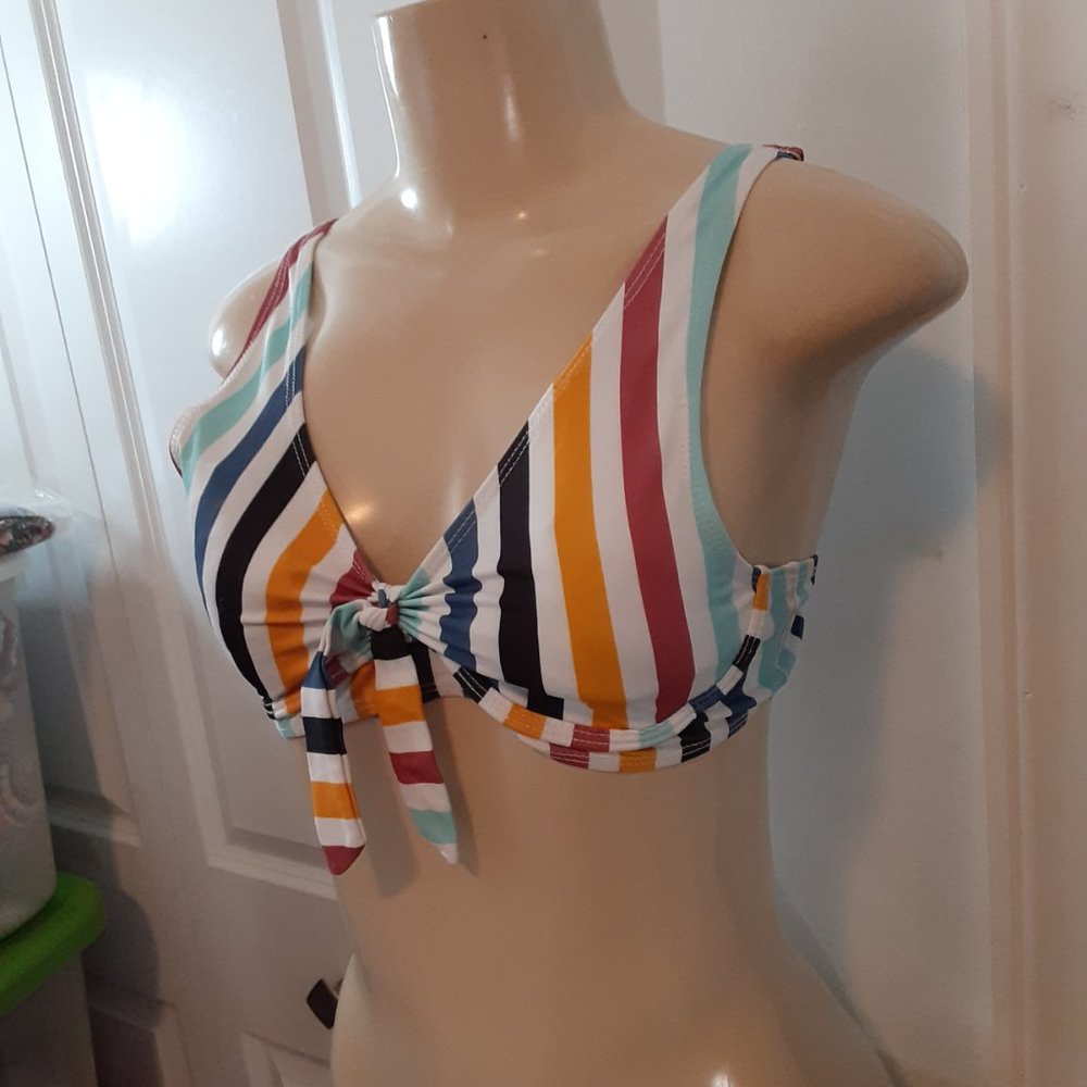 White/Red/Blue/Yellow/Black Multicolored Striped Tie Bust Bikini Top - Picture 6 of 14